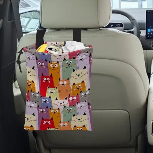 Image of Car Trash Bag Cute kitten Cats Car Garbage Bag Hanging Car Trash Can for Back Seat with Drawstring