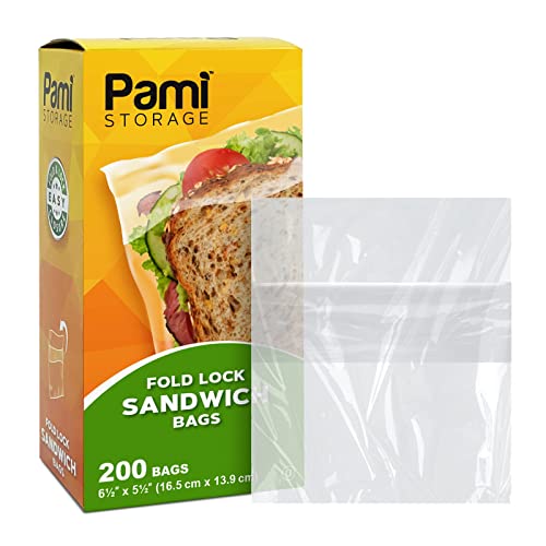 PAMI Fold Top Sandwich Bags [200 Pieces] Disposable Plastic Sandwich Bags No Zipper Easy Open Fold Top Baggies for Lunch Snacks Fruits