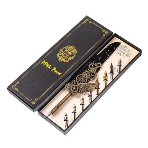 Feather Pen Set,Calligraphy Pen Quill Pen, Dip Pen Ink, 8 Replacement Nibs, Pen Stand Base, Luxury Vintage Signature Pen Writing Pen for Letters Excerpting Homework (Black)