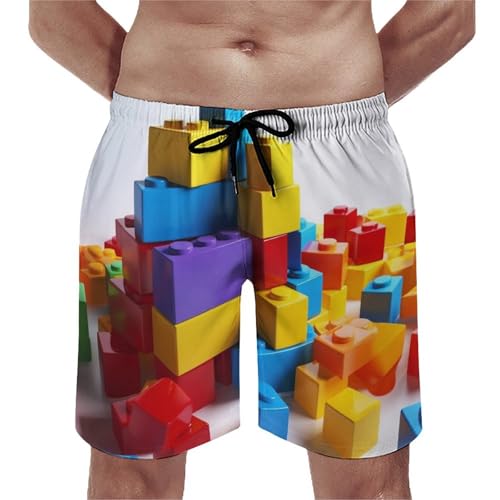 Colorful Building Blocks Men's Swim Trunks with Mesh Lining, Lightweight Swim Shorts Quick-Dry Beach Shorts with Pockets