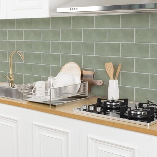 FUNLIFE 24pcs Frotter vert sauge dalle pvc adhesive murale, peel and stick tiles, colle carrelage salle de bain, Convient pour les cuisines, salle de bains et...