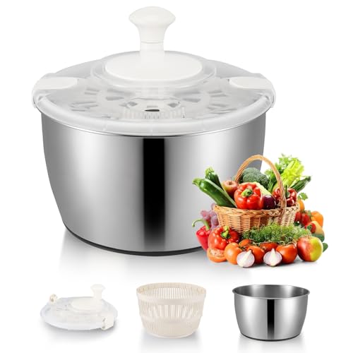 Grande Essoreuse à Salade en acier inoxydable,4.8L en Acier Inoxydable Grande,Essoreuse à Salade de Haute Qualité,Spinner à Salade avec manivelle et Bouton d'arrêt,pour Laver et égoutter Les Salades