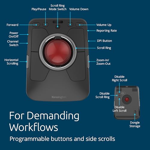 Image of Kensington K72458WW Expert Mouse TB800 EQ Trackball, Red, Bluetooth, 2.4GHz Wireless, Wired