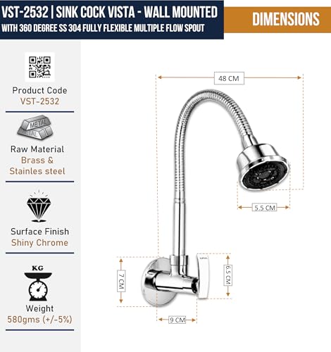 Image of KAMAL Sink Spray Tab Vista - Wall Mounted | SS 304 Spout 360 Degree Dual Flow Shower Mode | Passion Flex Sink Cock Flexible Sink Cock Pillar Cock Shower Type Bib Tap Faucet (Wall Mount Installation)
