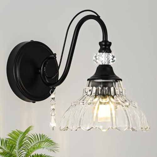 Image of 1 Piece Black Wall Sconce, 1-Light Black Farmhouse Wall Sconce with Hanging Crystal Accents and Flower-Shaped Clear Shades for Bathroom Bedroom Living Room,Vintage Vanity Light