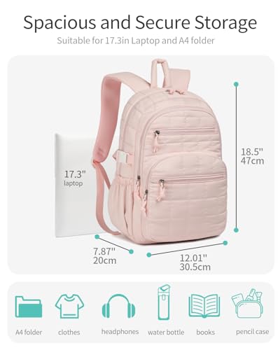 Image of Large Laptop Backpack for Women, Quilted College Bookbag with Tumbler Holder Pocket for Nurse Teacher Work Travel, Puffer School Backpack for Teen Girls Big Student, Pink