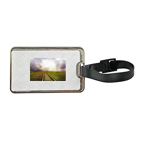 Etiqueta para equipaje de metal con carretera, tren, paisaje, Storm, nubes