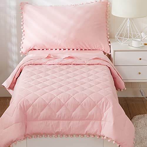 Best Cyber Deals 🔥 Brandream Toddler Bedding Sets for Girls Rose/Antique Pink 4-Piece Bed-in-a-BagComforter, Mattress Sheet, Flat Top Sheet, Envelope Pillowcases, 100% Washed Pure Cotton