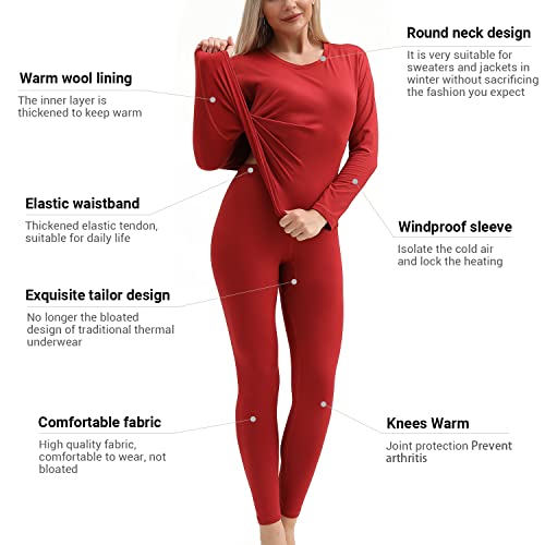 PISIQI Thermal Underwear Women Ultra-Soft Long Johns Set Base Layer Skiing Winter Warm Top & Bottom (Small, Red)