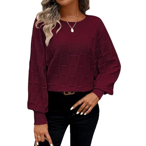 Pink Queen Women's Fall Sweaters 2024 Casual Long Batwing Sleeve Oversized Crewneck Pullover Winter Fashion Trendy Outfits Berry Red Medium