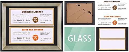 Space Art Deco, 8.5X11 Business License Frame, Black Over Gold Double Mat With Two 4X9 Business License Openings, Easel Stand, Sawtooth Hanger (Black/Silver Champagne Beveled Edge) #TOP5