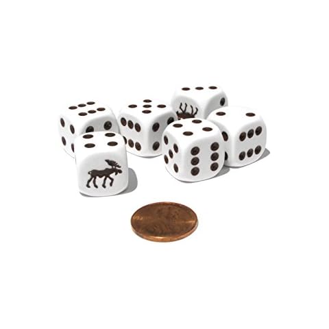 Set of 6 Moose 16mm D6 Round Edged Koplow Animal Dice - White with Brown Pips Cover