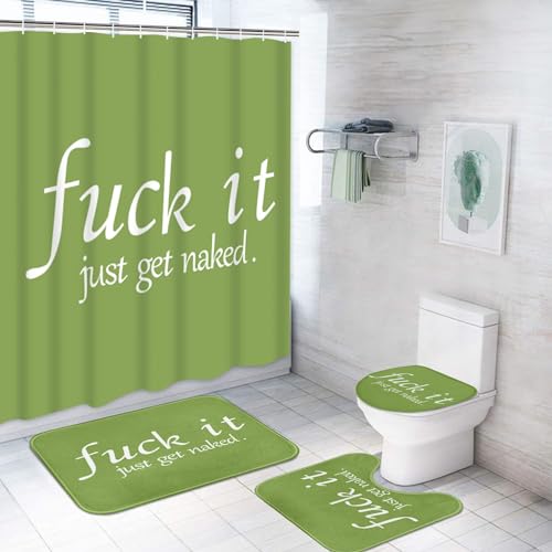 ArtSocket Bathroom Sets with Shower Curtain and Rugs, Set of 4, Funny Green