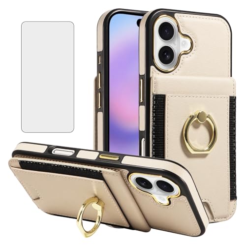 Asuwish Phone Case for iPhone 17 6.3 inch 2025 Wallet Cell Cover with Tempered Glass Screen Protector Slim PU Leather Card Holder Slot RFID Blocking Ring Stand i Phone17 i17 17Case Women White