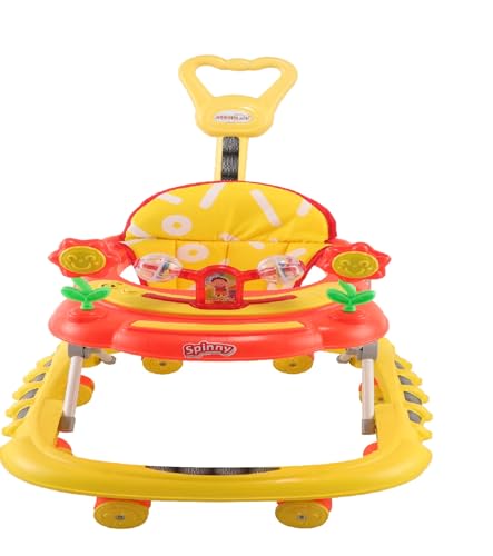 Image of JoyRide Spinny Spinner 8 Wheels Baby Walker, Adjustable Height,Parentle Handle, Comfortable Seat, Music and Light, 360 Degree Rotation, Maximum Weight: 12 kg (Orange Yellow)