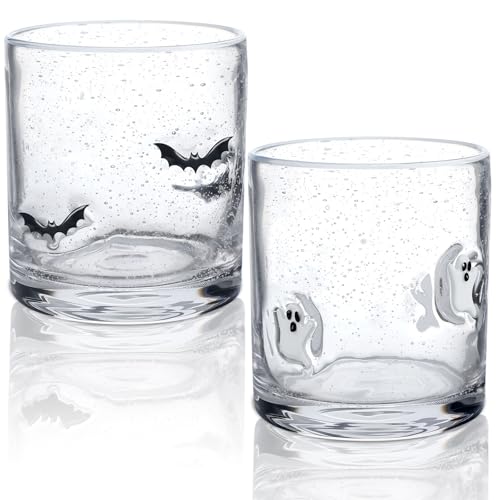 Mimorou 2 Pcs Halloween Icon Juice Glass 14 Ounce Ghost Bat Themed Drinking Cocktails Glasses for Party, Spooky Cute Double Old Fashioned Reusable Cups for Home Bar Decor Lovely Gifts