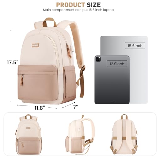 School Backpack for Teens Girls, Cute Student Bookbag Large 15.6 Inch Laptop Bag Aesthetic College Backpacks for Women High School Travel (Khaki Beige)3