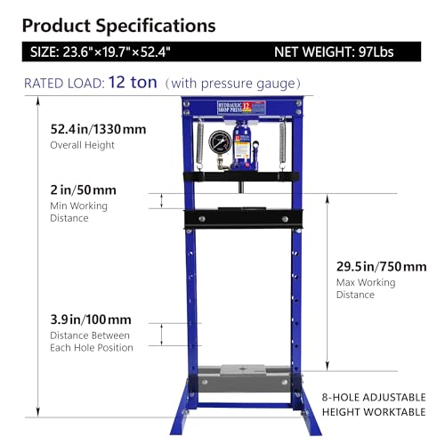 Image of Hydraulic Press, 12 Ton Shop Press H-Frame Garage Floor Hydraulic Shop Press with Adjustable Working Table Heigh, Plates