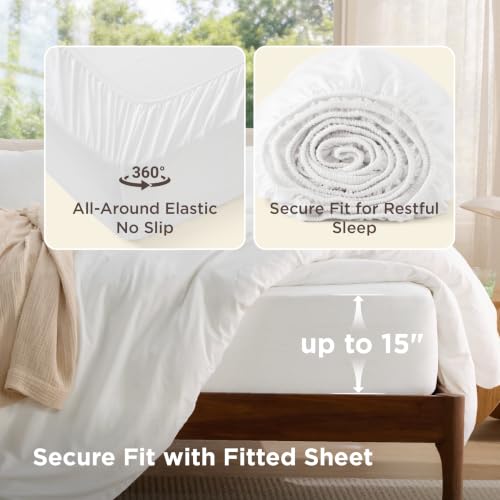 Image of Bedsure Duvet Cover Queen Size with Fitted Sheet - 4 Pieces Prewashed Polyester Extra Soft Bedding Set, Includes 1 Duvet Cover 90''x90'' with Zipper Closure, 2 Pillow Shams, 1 Fitted Sheet, White
