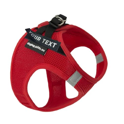 P24S SMART Step-In Hundegeschirr mit 2 kostenlosen personalisierte Namensaufkleber Klettsticker Wunschetikette für kleine Hunderassen mit Digital Hundefinder Dienst (Rot, S (Brust 46-57 cm))