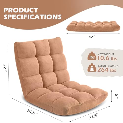 Image of Folding Floor Gaming Chair 14-Poistion Cushioned Adjustable Floor Lazy Sofa Chair w /Breathable Cotton & Skin-Friendly Flannel for Adults & Kids Perfect for Reading Gaming Meditating, Camel