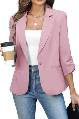 ELLEVEN Womens Blazer Business Casual Suit Jacket Slim Fit Fitted Ruched 3/4 Sleeve Petite Crop Blazer Dressy Full Lining Lightweight Outfits Coat Cardigan with Padded Shoulder Pink Medium