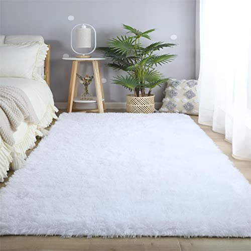 White Rug 8x10 for Living Room - Large Soft Shag Fluffy Area Rugs for Bedroom, Non-Skid Modern Fuzzy Nursery Faux Fur Carpet for Kids Dorm Room Playroom (8x10 Feet, White)