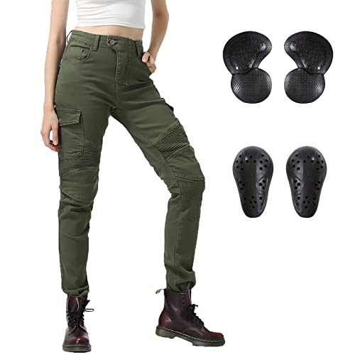 LOMENG Pantalones vaqueros elásticos ajustados para motocicleta, motocicleta, motocross, con certificación CE, rodilla y cadera, con armadura extraíble para mujer, Verde(Military Green), Small