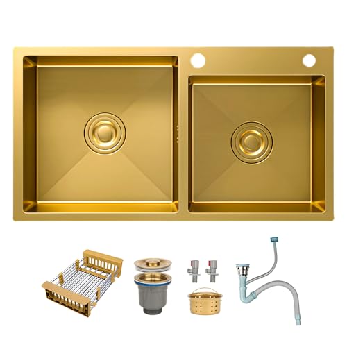 Évier double cuve or brossé en inox luxe moderne pour cuisine élégante