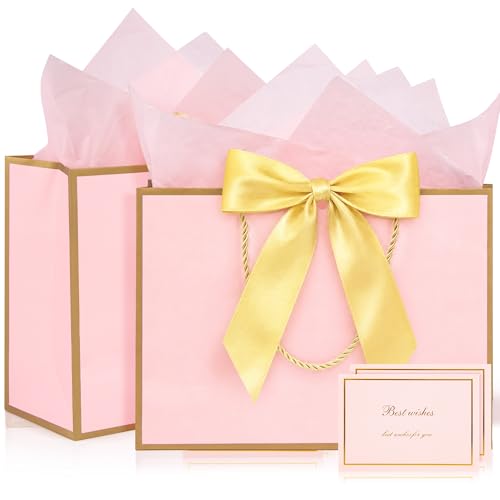 Medium Pink Gift Bag 2pcs Present Bags with 4 Wrappers and 2 Cards Paper Bags with Handles Birthday Gift Bags Party Bags for Girls Valentines Bridesmaid Wedding (Pink-Gold) 20 x 10 x 28 cm
