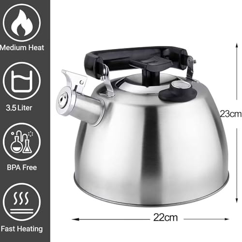 Hervidor de silbato con termómetro, acero inoxidable 304, hervidor de sonido de 3,5 L para estufa de gas y camping, parte inferior de 5 capas, pantalla de temperatura del agua
