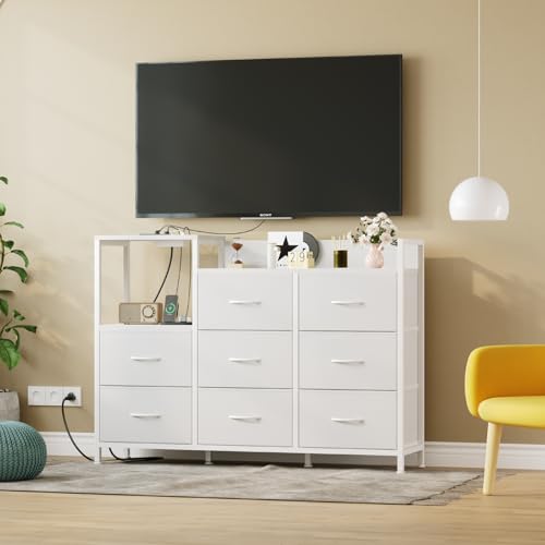 Image of DUMOS TV Stand Dresser with 8 Fabric Drawers & 1 Open Shelf, TV Stand with Wooden Top, Entertainment Center with Charging Station for Living Room, Hallway, White