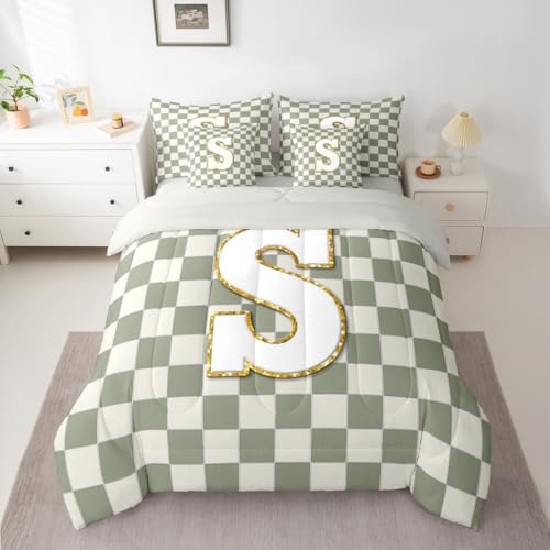 Image of Erosebridal Sage Green Checkered Full Comforter Set with Sheets 7 Piece Plaid Initial S Bed in A Bag Personalized Monogram Bedding Sets for Kids Adults,Fashion Grids Gingham Bed Set