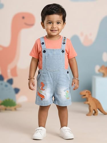 Image of KiddoPanti Unisex Infant Denim Dungaree | Cotton Blend Stretch | Baby Jumpsuit Witth Pockets | Comfortable Casual Outfit for Boys & Girls 6 Months-3 Years