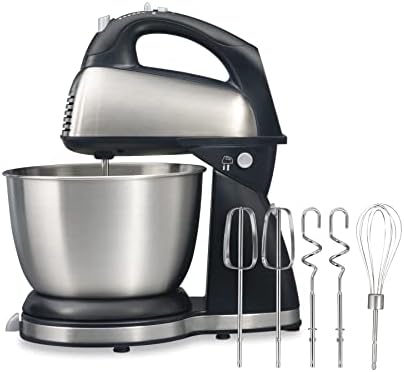 Hamilton Beach Classic Stand and Hand Mixer, 4 Quarts, 6 Speeds with QuickBurst, Bowl Rest, 290 Watts Peak Power, Black and Stainless