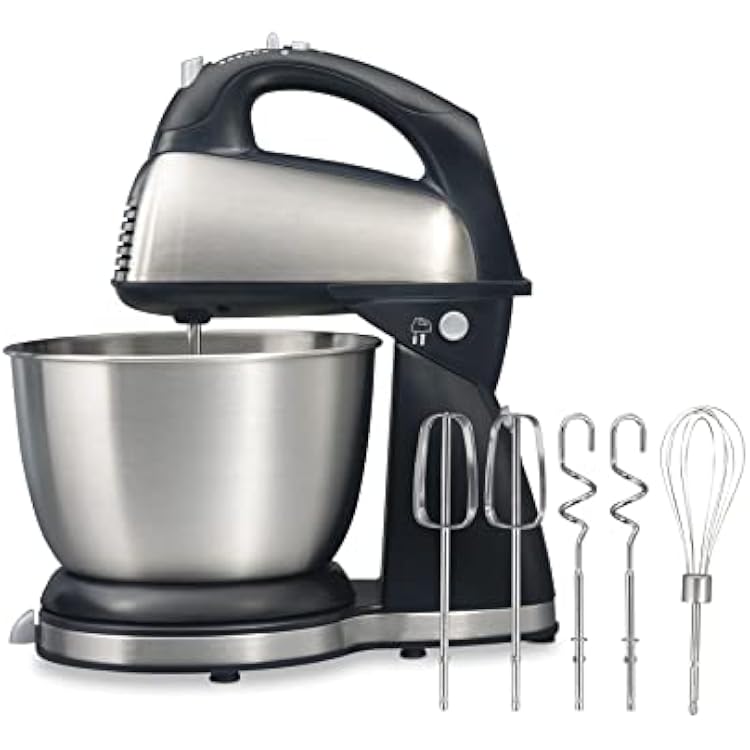 Hamilton Beach Classic Stand and Hand Mixer, 4 Quarts, 6 Speeds with QuickBurst, Bowl Rest, 290 Watts Peak Power, Black and Stainless