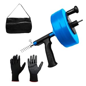 Drain Snake 50 Ft, Drain Snake Hair Drain Clog Remover, Plumbing Snake with Drill Attachment, Plumbing Snake for Toilet, Sink and Shower, Manual or Powered Use, w/Gloves and Storage Bag, Blue