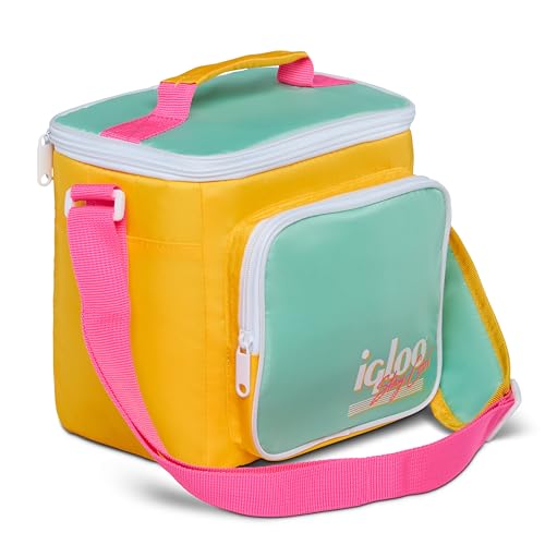 Igloo 90s Retro Collection Square Lunch Box Cooler with Front Pocket and Adjustable Strap Yellow/Mint