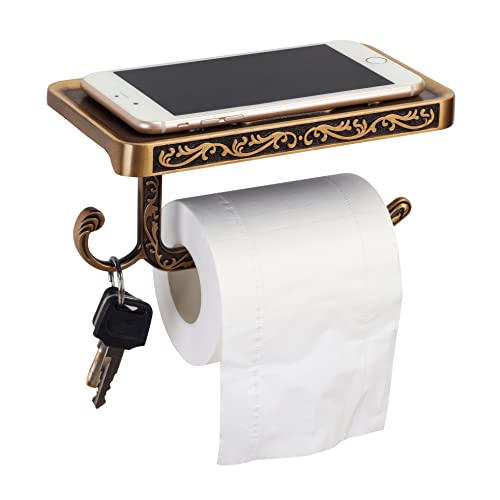 Sdh Antique Brass Toilet Paper Holder With Shelf Space, Aluminum Wall Mount Toilet Tissue Holder With Cell Phone Storage And Hook -Bathroom Toilet Paper Holder Modern Style & Rustproof #TOP1