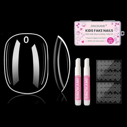 Kids fake nails,SINOKAME Short Oval Clear Nail Tips Glue on Nails With Glue &Sticky Tabs for 8-12 Years,Kids Press On Nails for Little Girls Full Cover Fake Nails Decoration,10 Sizes 360Pcs
