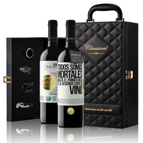 «Todos somos mortales hasta el primer beso y la...» Mensaje en una Botella. Estuche-Maletín de LUJO 2x Vino Tinto Premium Reserva 12 Meses y Set de 4 Accesorios. Etiqueta Blanca PERSONALIZABLE