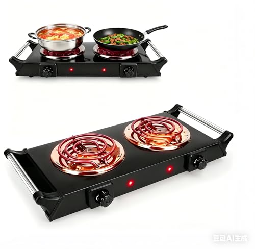 2000W Hot Plate,Portable Electric Stove Countertop Double Coil Burners W/5 Level Temperature Control & Stay Cool Handles, Easy to Clean, Lightweight Cast Iron Electric Stove for RV/Home/Camp 110V