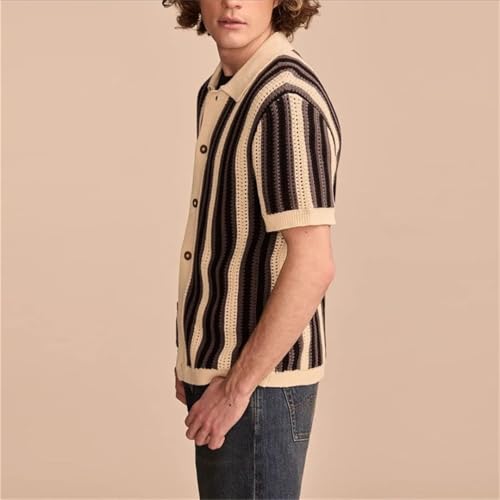 Men’S Slim Fit Hollow Out Striped Knitted Polo Cardigan Short Sleeve Button-Down Retro Streetwear Top3