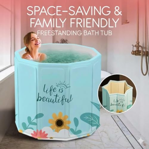 Image of Portable Foldable Bathtub for Adults & Kids | Large Size Soaking Tub | Thick Insulated Folding Bath Tub for Bathroom, Home Spa, Ice Bath & Relaxation free Standing bathtub (Beautiful Flower)