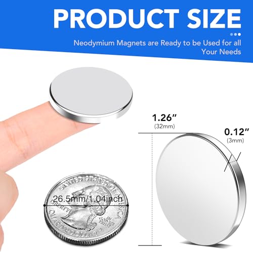 Super Strong Neodymium Disc Magnets with Double-Sided Adhesive, Powerful Permanent Rare Earth Magnets. Fridge, DIY, Building, Scientific, Craft, and Office Magnets, 1.26 inch D x 1/8 inch H - 4 Packs