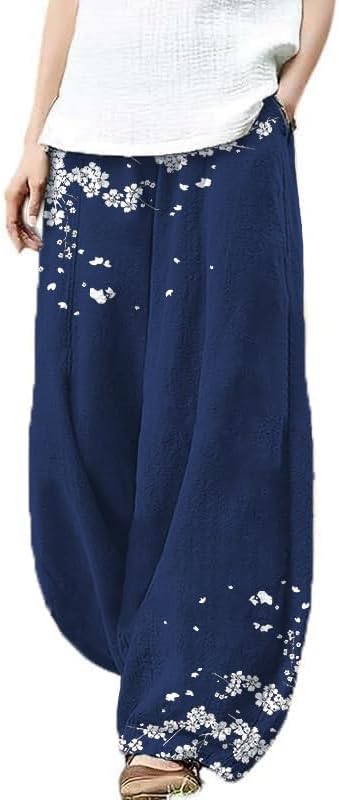 Cotton Linen Boho Casual Pants for Women Flowy Wide Leg High Waist Harem Pants Yoga...