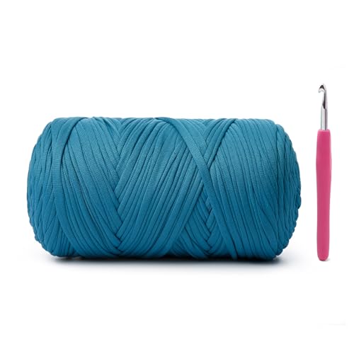Image of Soft Tshirt Crochet Yarn, 400g /114yds High Elastic Hand Knitting Yarns, Thick T Shirt Yarn for Crocheting Bags, Baskets, Cushions, DIY Crafts(Deep Lake Blue)