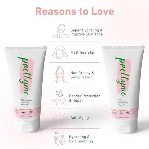 Image of Prettyme Tulsi Face Moisturizer & Night Cream Combo - 100ml | Reduces Dark Spots & Pigmentation, Anti Aging, Skin Repair, Fights Acne, Clear & Fresh Skin | Set of 2: Day Cream, Night Gel