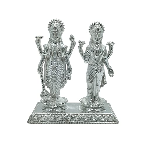 Image of MAA SILVER Pure Silver Vishnu Narayan & Lakshmiji Jodi BIS Hallmarked Solid Idol /Murti on Lotus Kamal & Rectangle Base Perfect for Gifting & Pooja Use (925 Purity)(138 Grams Silver)
