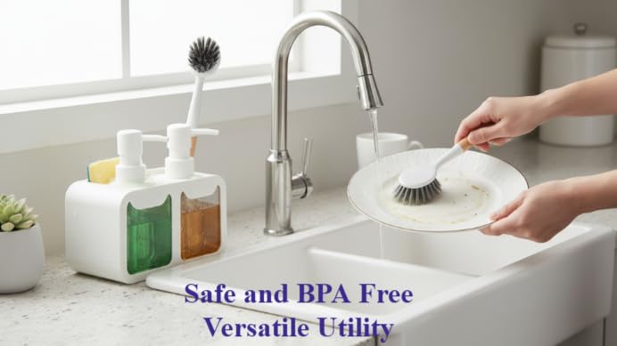 Image of Kitchen Sink Soap Dispenser Set - Dual Pump for Hand & Dish Soap, Sponge & Brush Holder, Refillable Sink Organizer (White)
